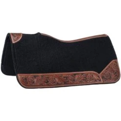 Tough-1 Black Felt Saddle Pad W/Tooled Medium Oil Wear Leathers Black 31X32